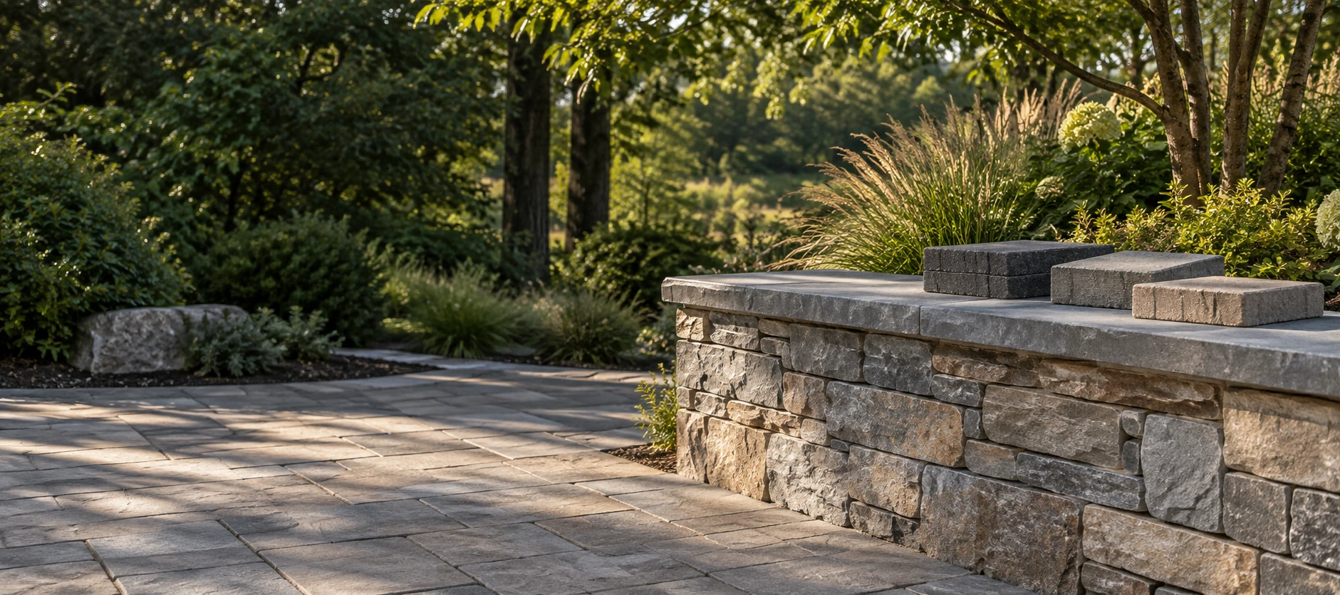 Paver samples on a natural stone wall in a landscaped outdoor setting