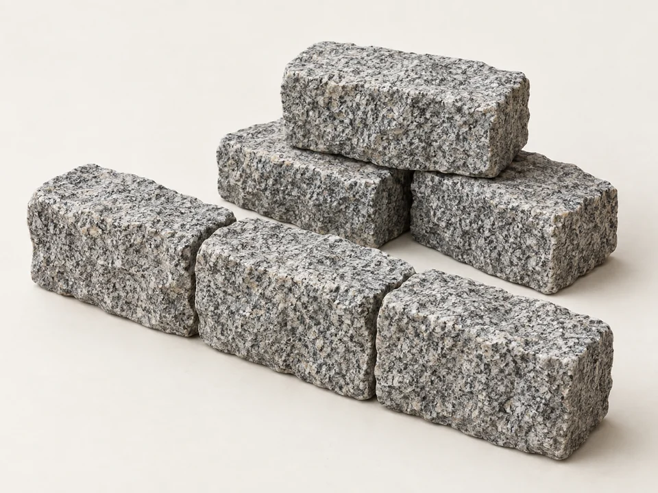 Rough-hewn gray granite edging blocks