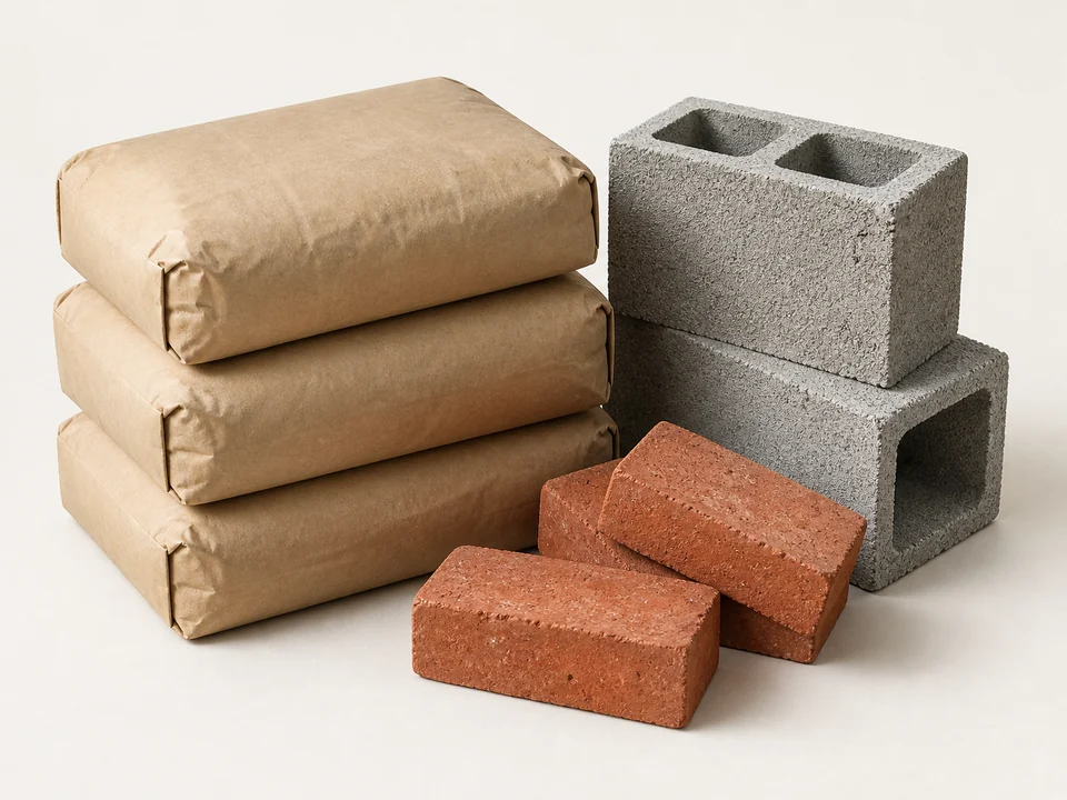 Bagged masonry mixes, concrete blocks and clay bricks