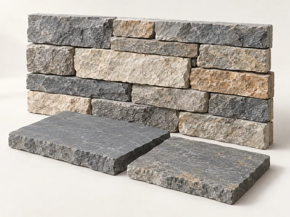 Natural stone veneer with flat stone paving samples