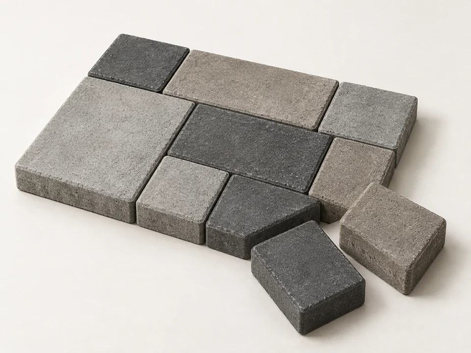 Concrete paving stones in gray, taupe and charcoal