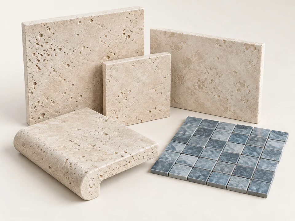 Travertine samples, rounded pool coping and blue-gray mosaic tile