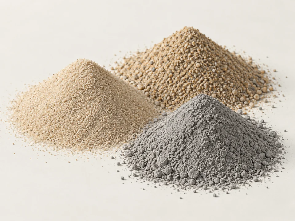 Samples of fine sand, coarse sand and gray stone dust