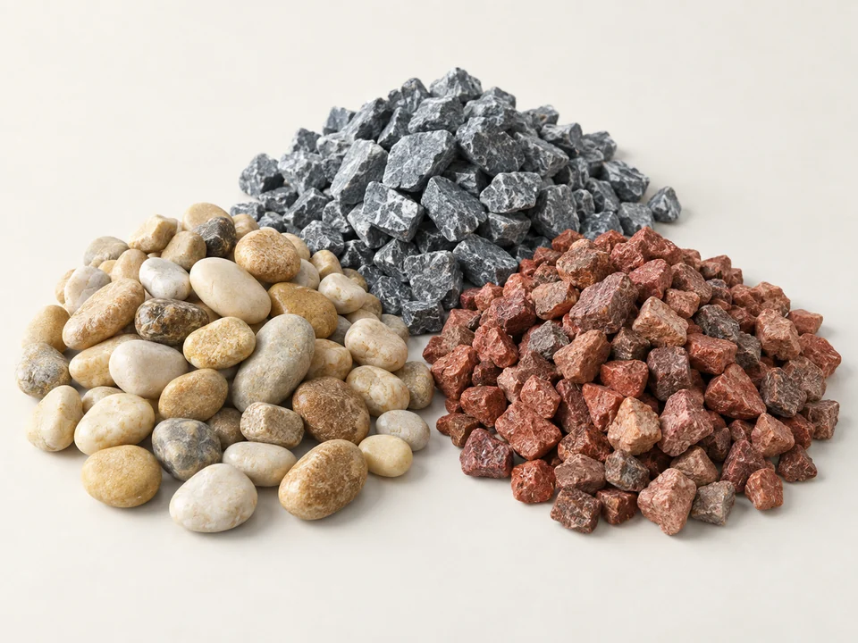 Rounded pebbles, blue-gray crushed stone and red gravel