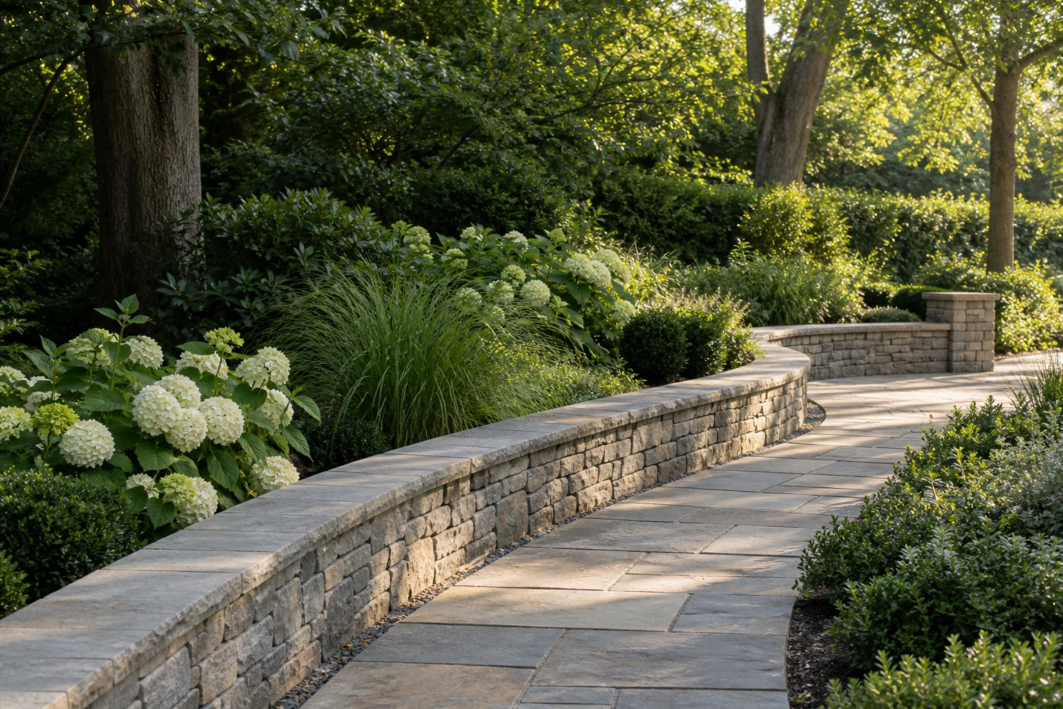 Stone garden walkway framed by hydrangeas and mature greenery