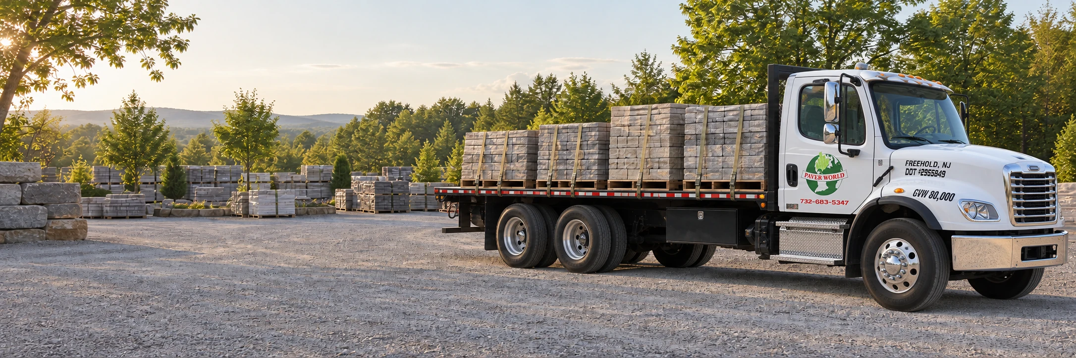 White flatbed truck with Paver World branding carrying secured pallets of paving stones