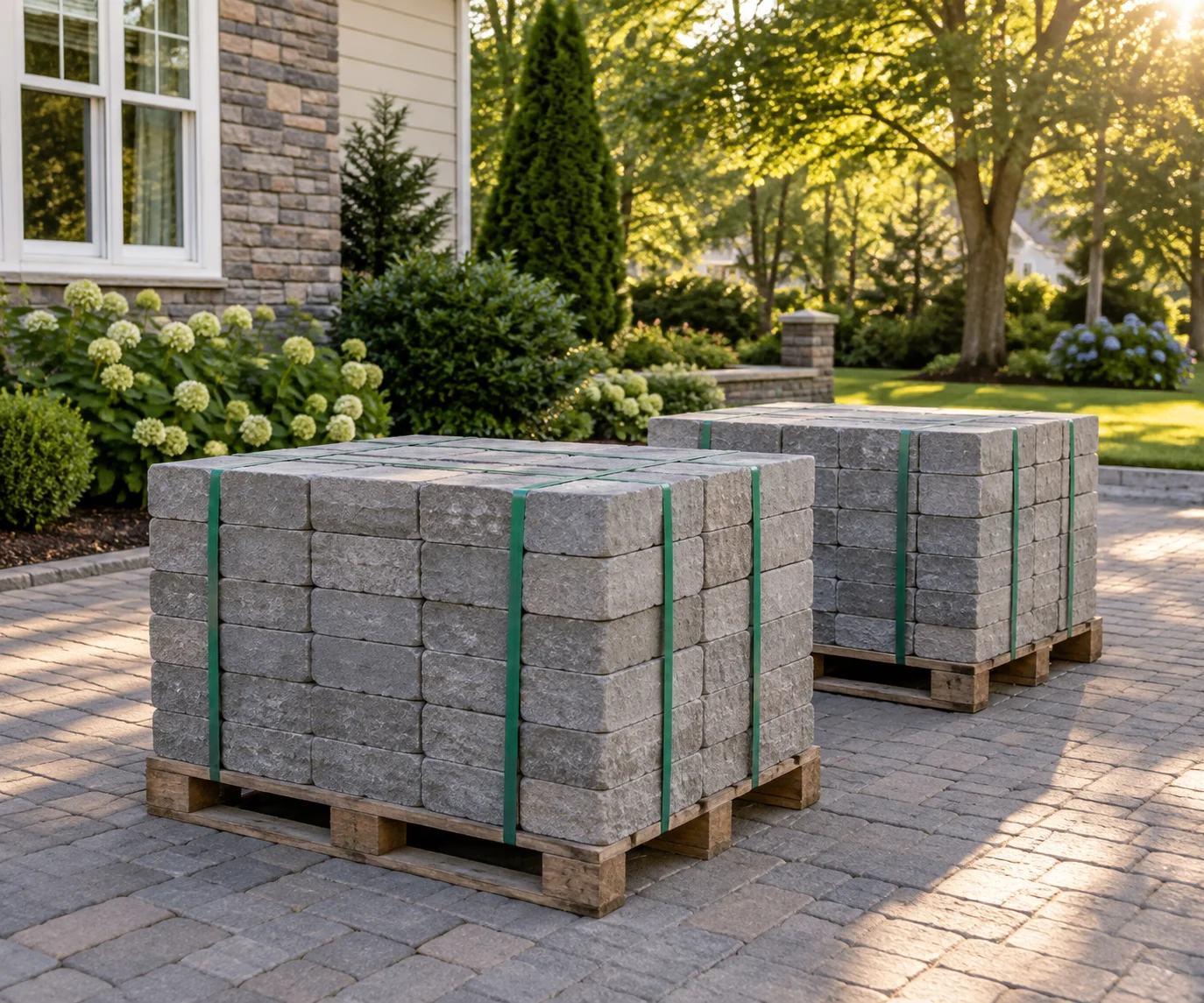 Two pallets of gray paving stones secured with green straps on a landscaped residential driveway