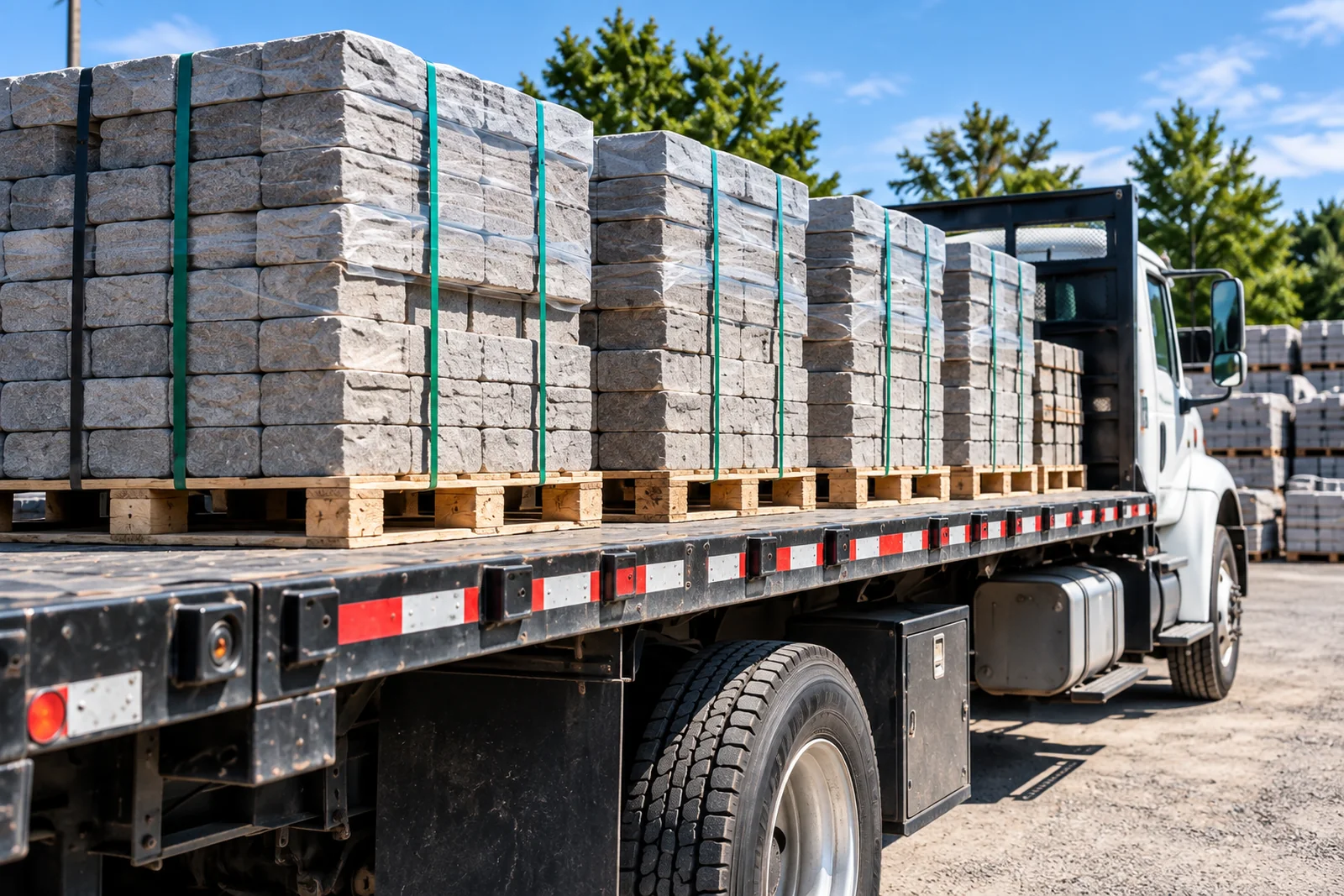 Pallets of paving blocks secured on a flatbed delivery truck