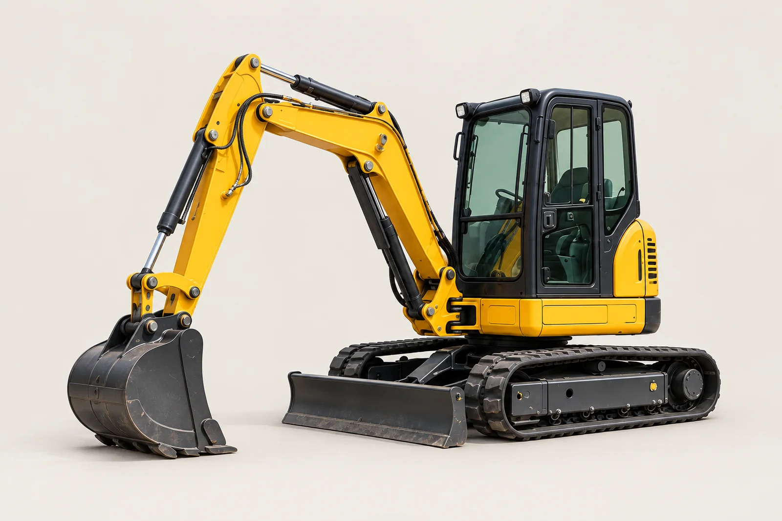 Yellow compact tracked excavator with its bucket lowered
