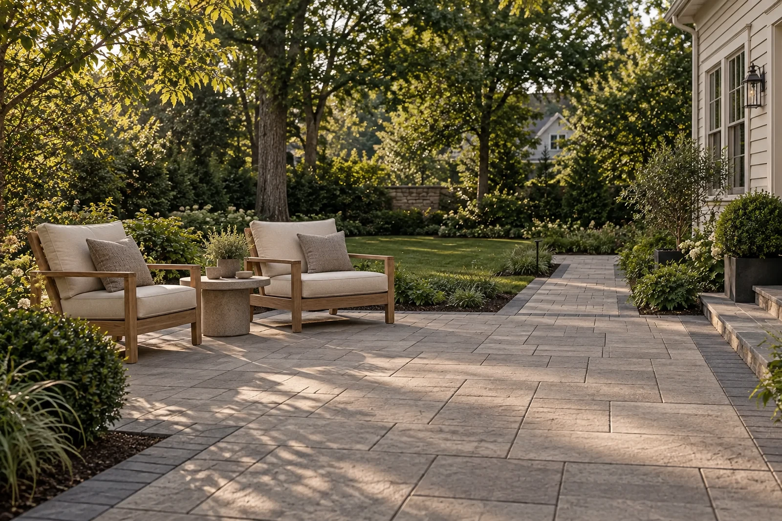 Paver patio with outdoor seating, a garden path and mature planting