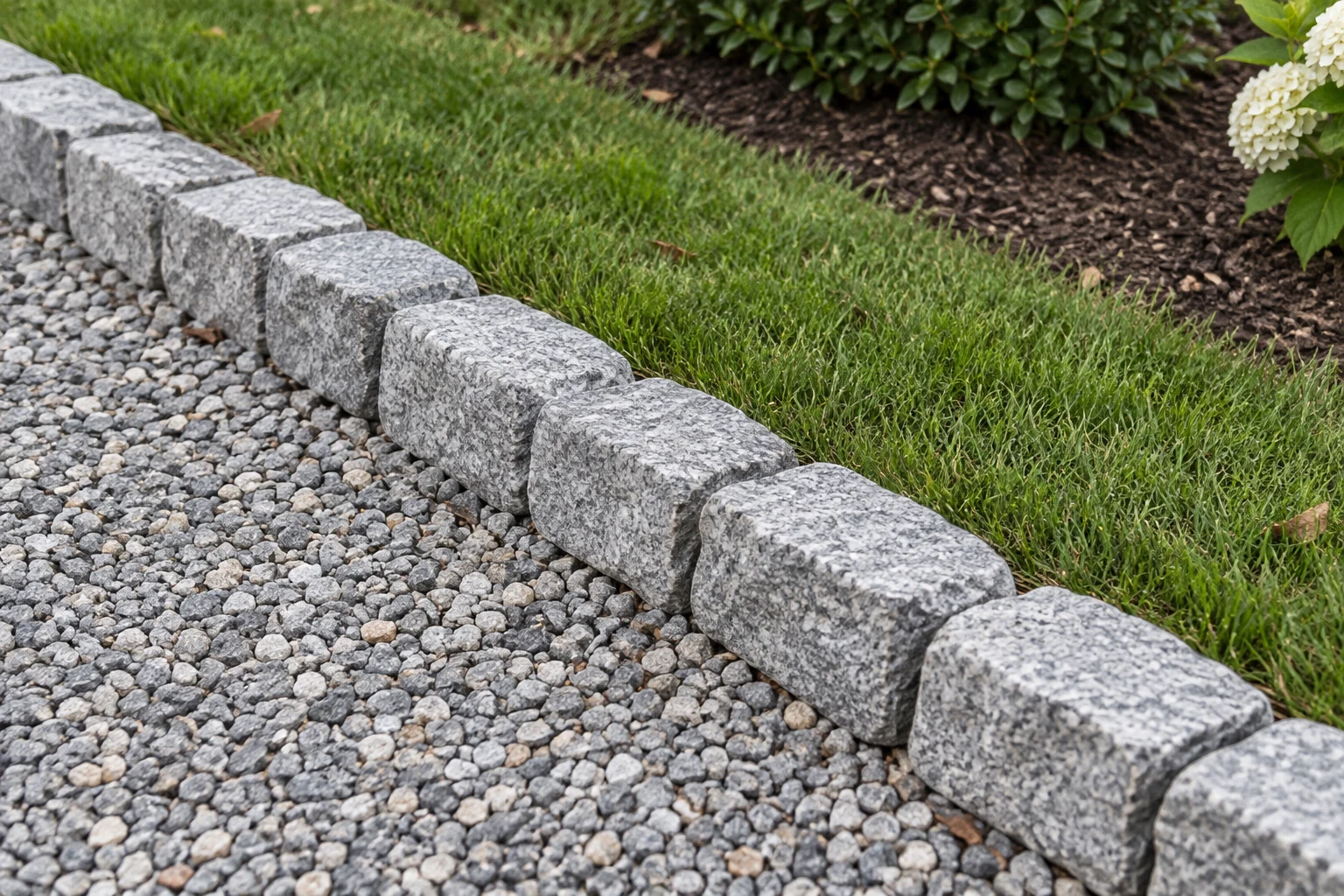 Alternate view of rough-hewn gray granite blocks forming a single low border between gravel and lawn