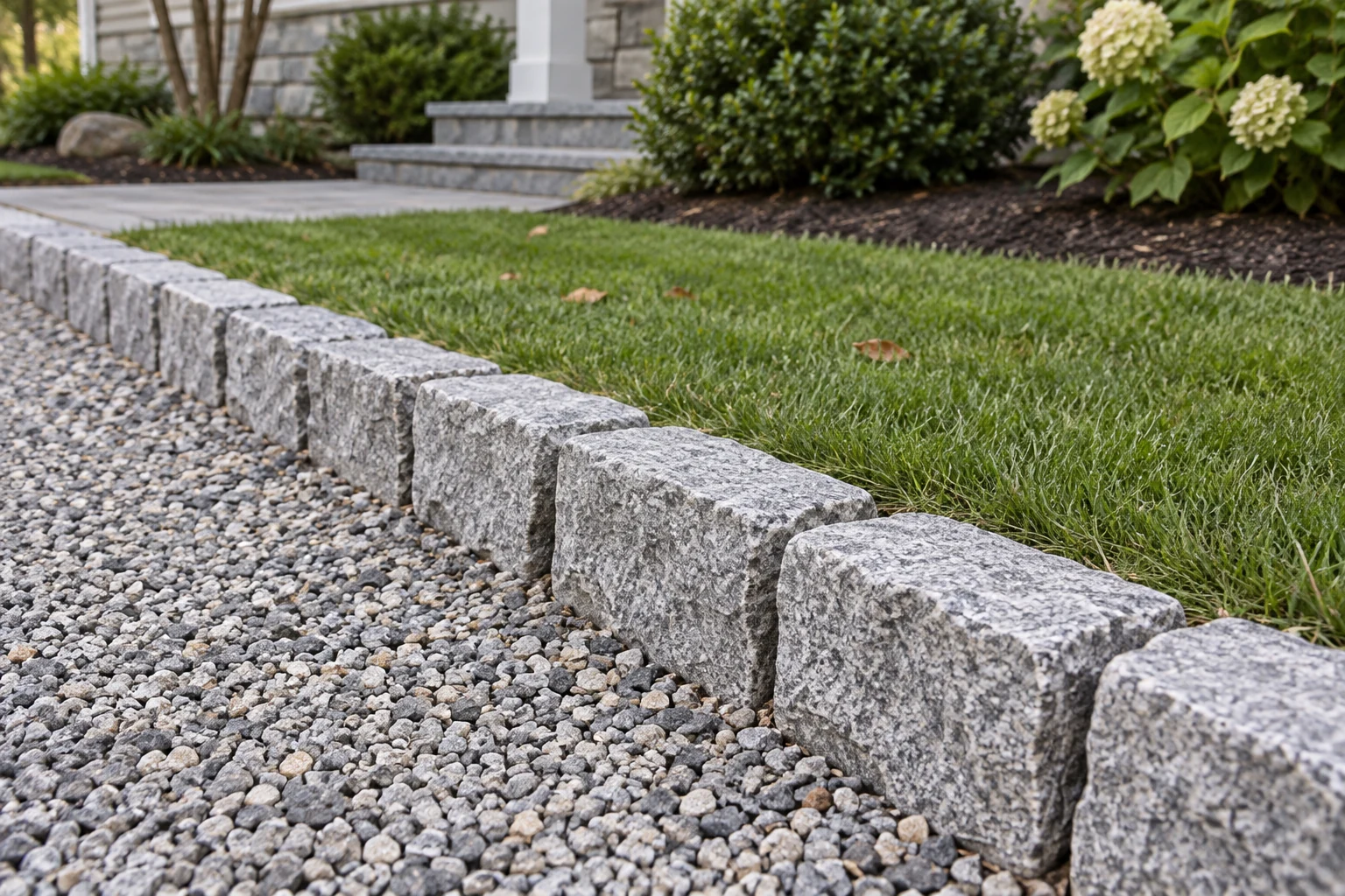 Rough-hewn gray granite blocks forming a single low border between gravel and lawn