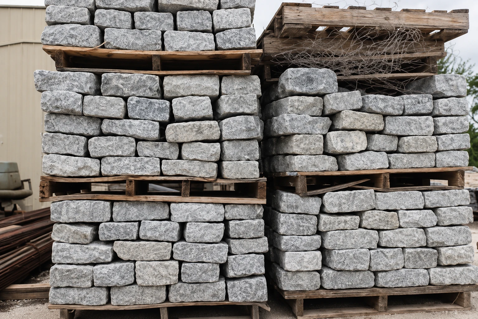 Rough-hewn gray Belgian granite blocks stacked on weathered wooden pallets