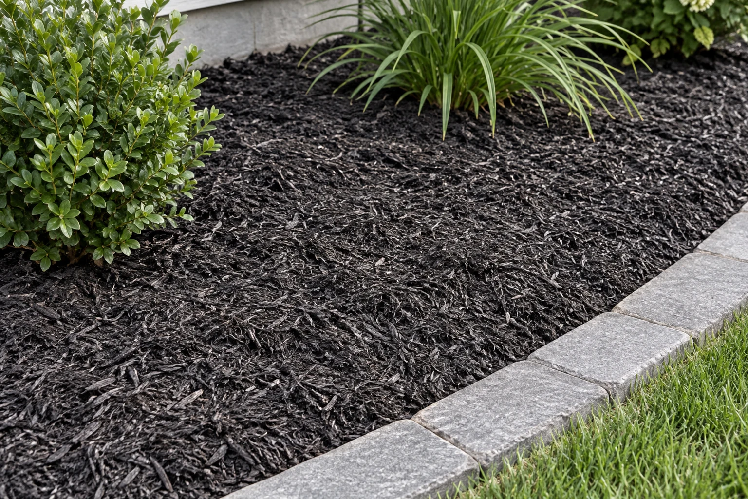 Alternate view of black shredded mulch around shrubs beside a curved paver walkway