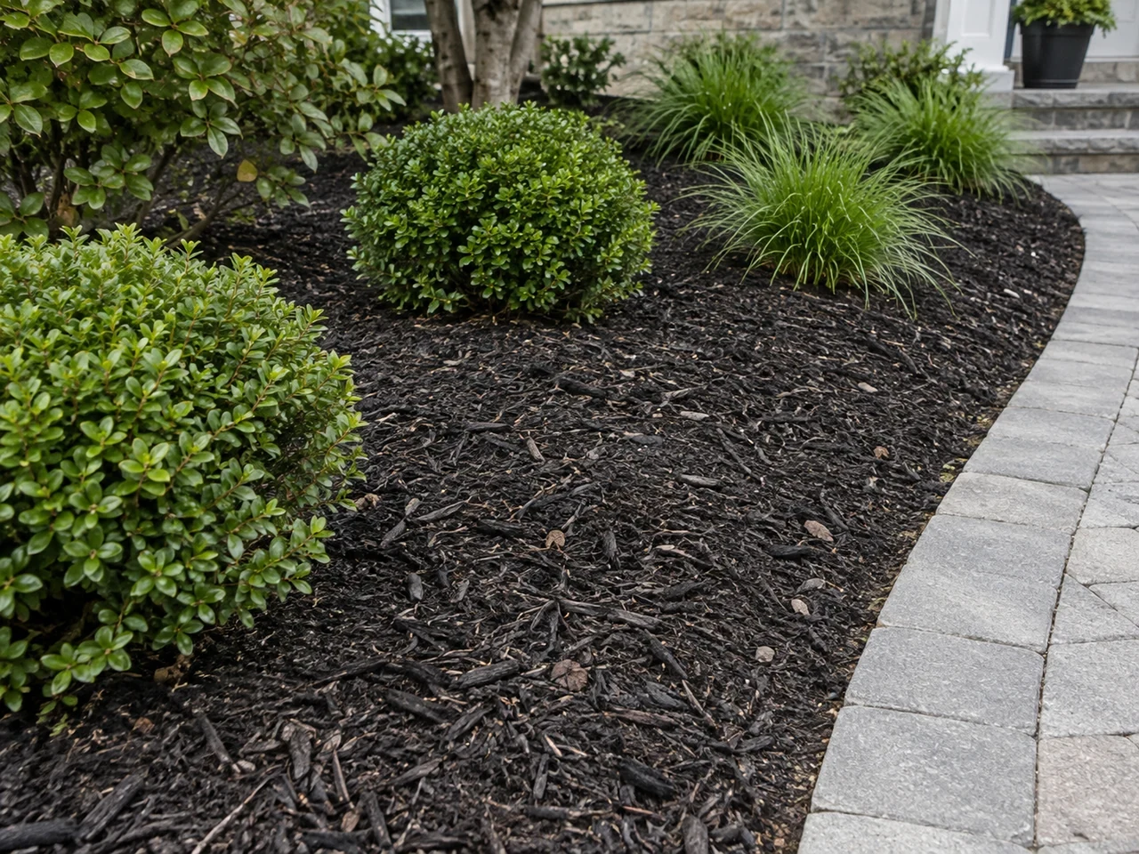 Black shredded mulch around shrubs beside a curved paver walkway