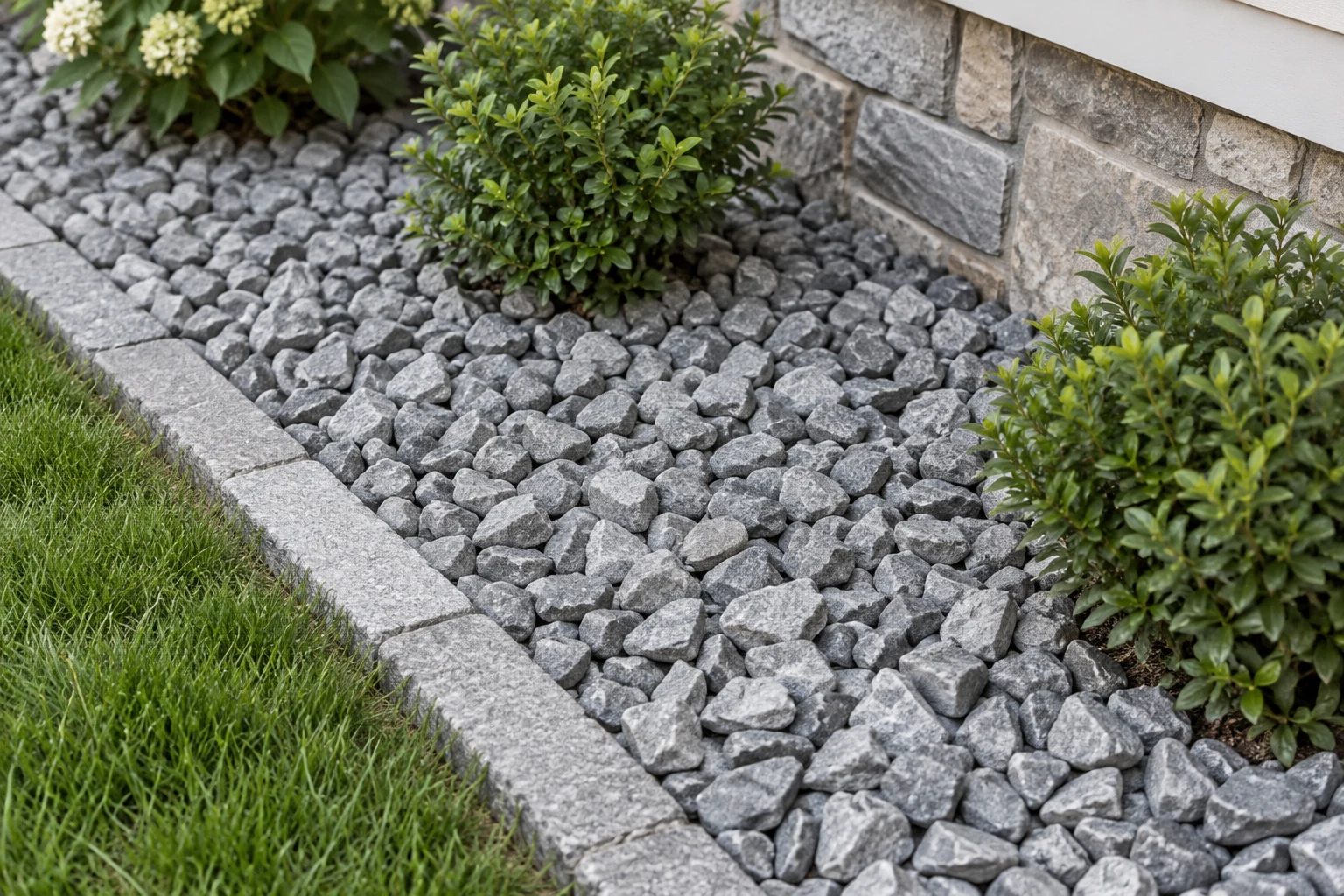 Alternate view of loose angular blue-gray aggregate in a landscaped border