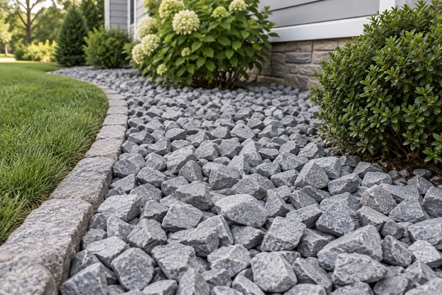 Loose angular blue-gray aggregate in a landscaped border