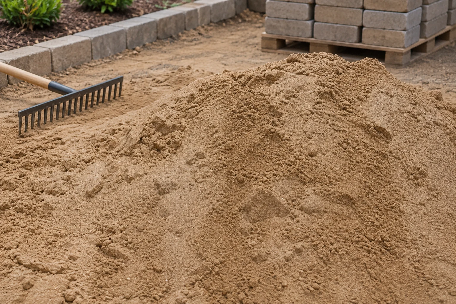 Alternate view of warm tan sand with a rake beside staged pavers