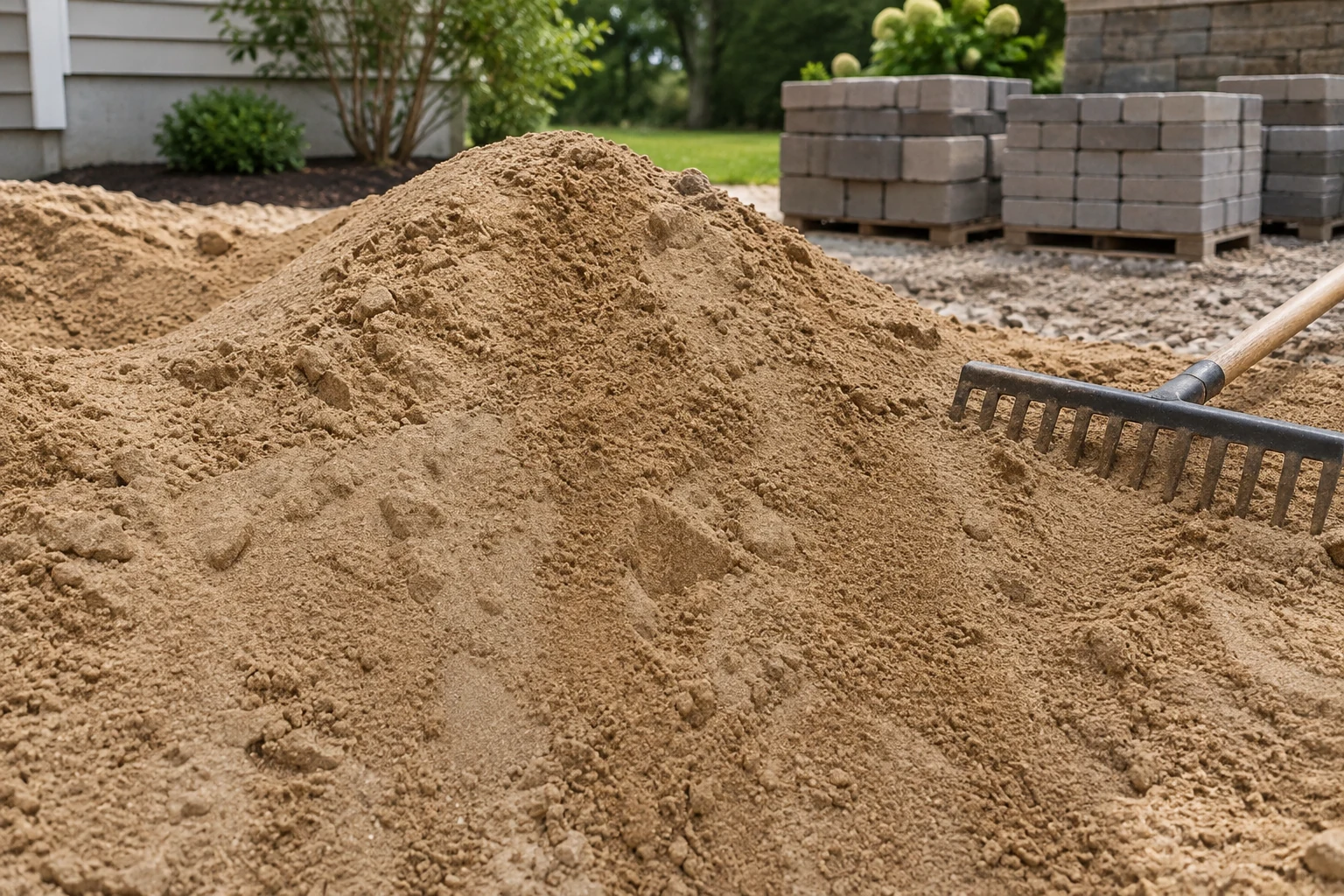 Warm tan sand with a rake beside staged pavers