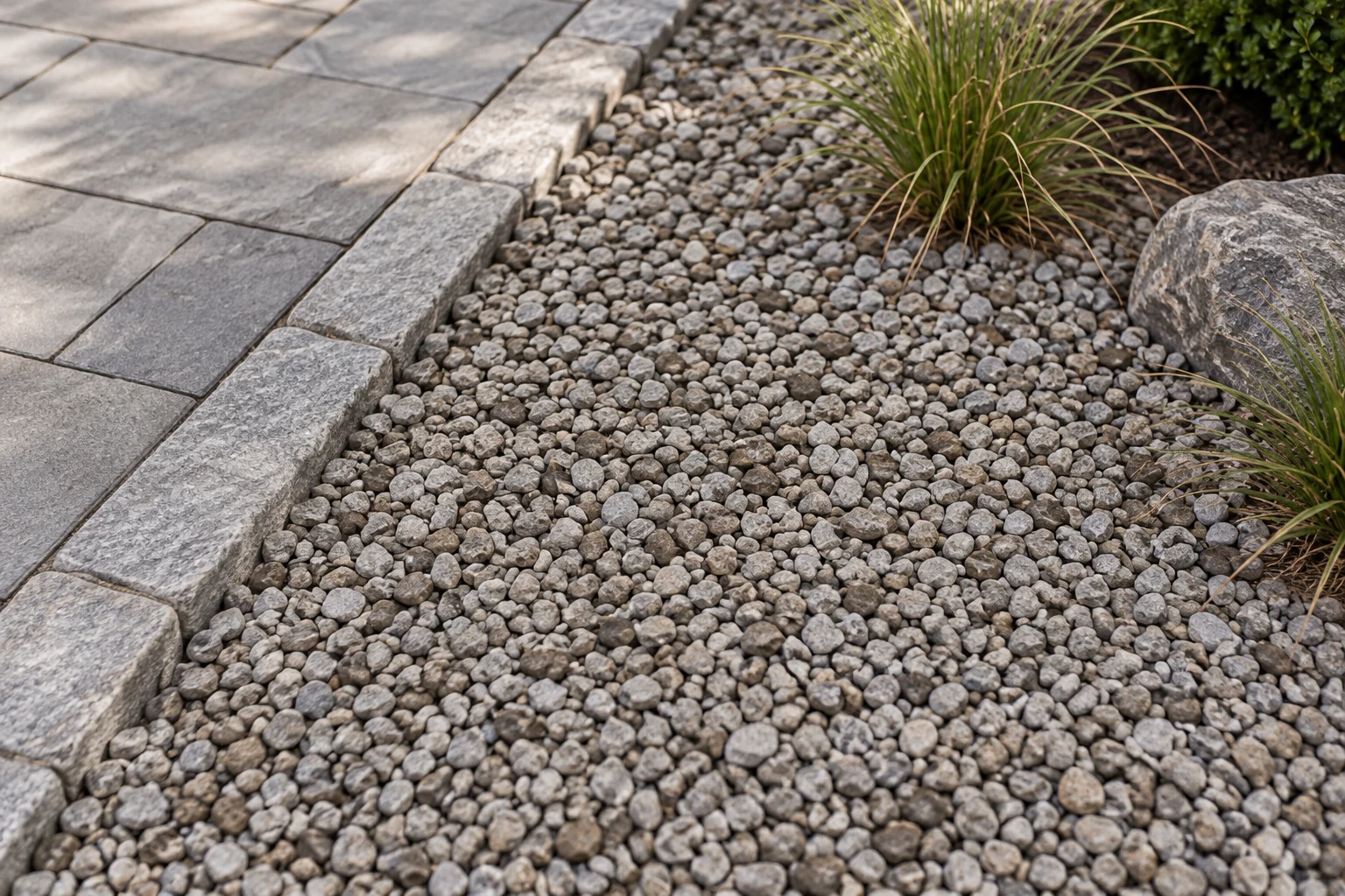 Alternate view of mixed gray and brown loose landscape stone beside a paved path