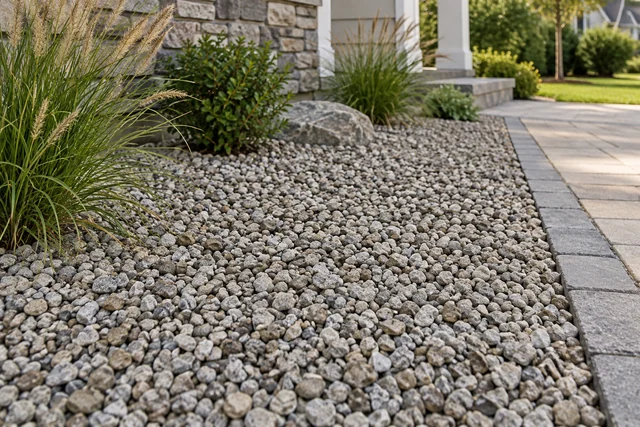 Decorative river stone around ornamental grasses beside a paved garden path