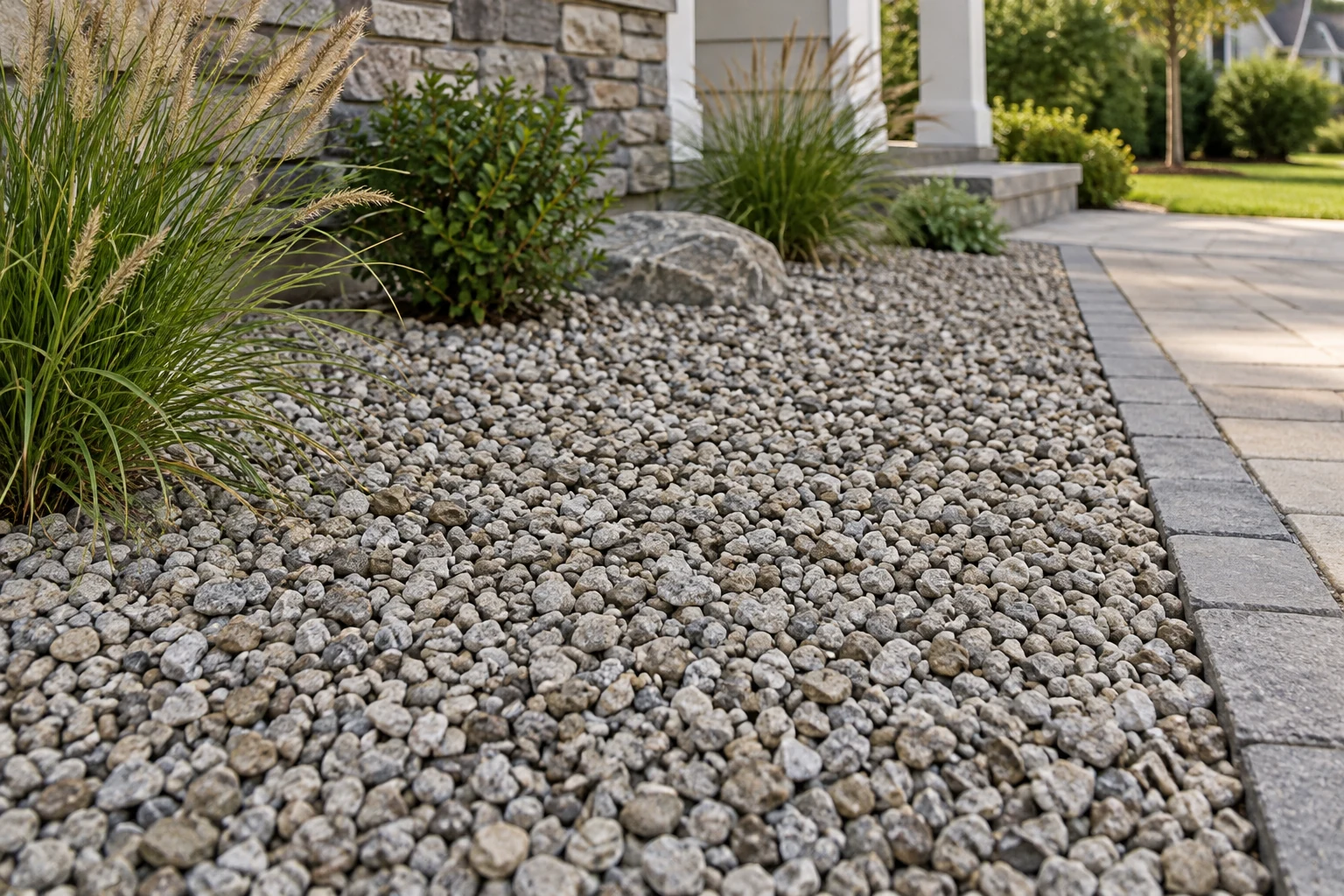 Mixed gray and brown loose landscape stone beside a paved path