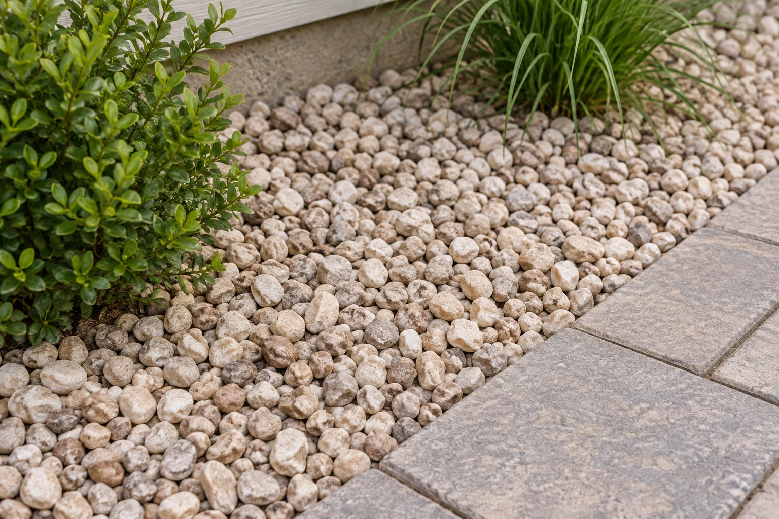 Alternate view of light cream and tan rounded loose stone along a garden walkway