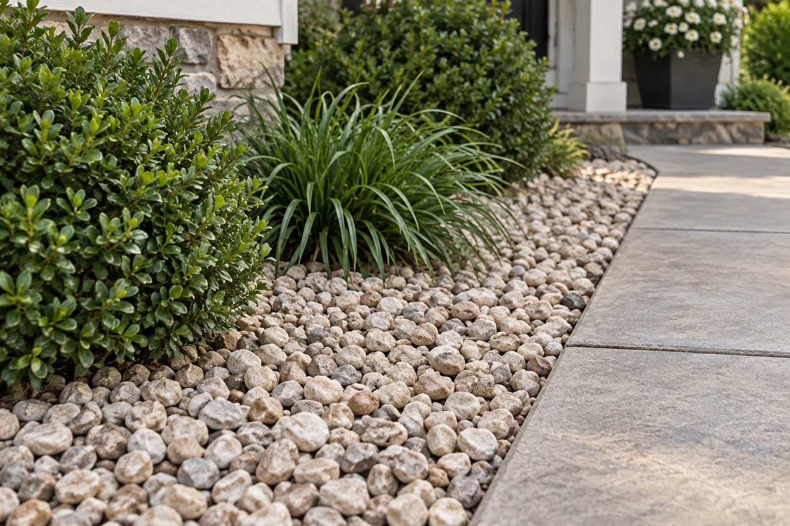 Light cream and tan rounded loose stone along a garden walkway