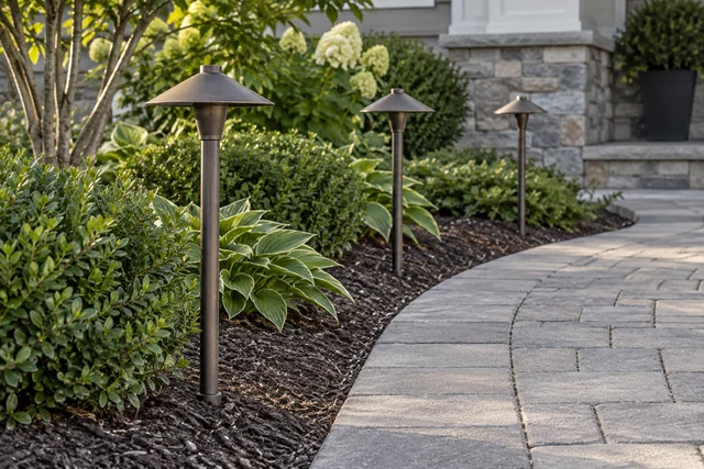 Bronze path lights along a curved paver walkway surrounded by garden planting