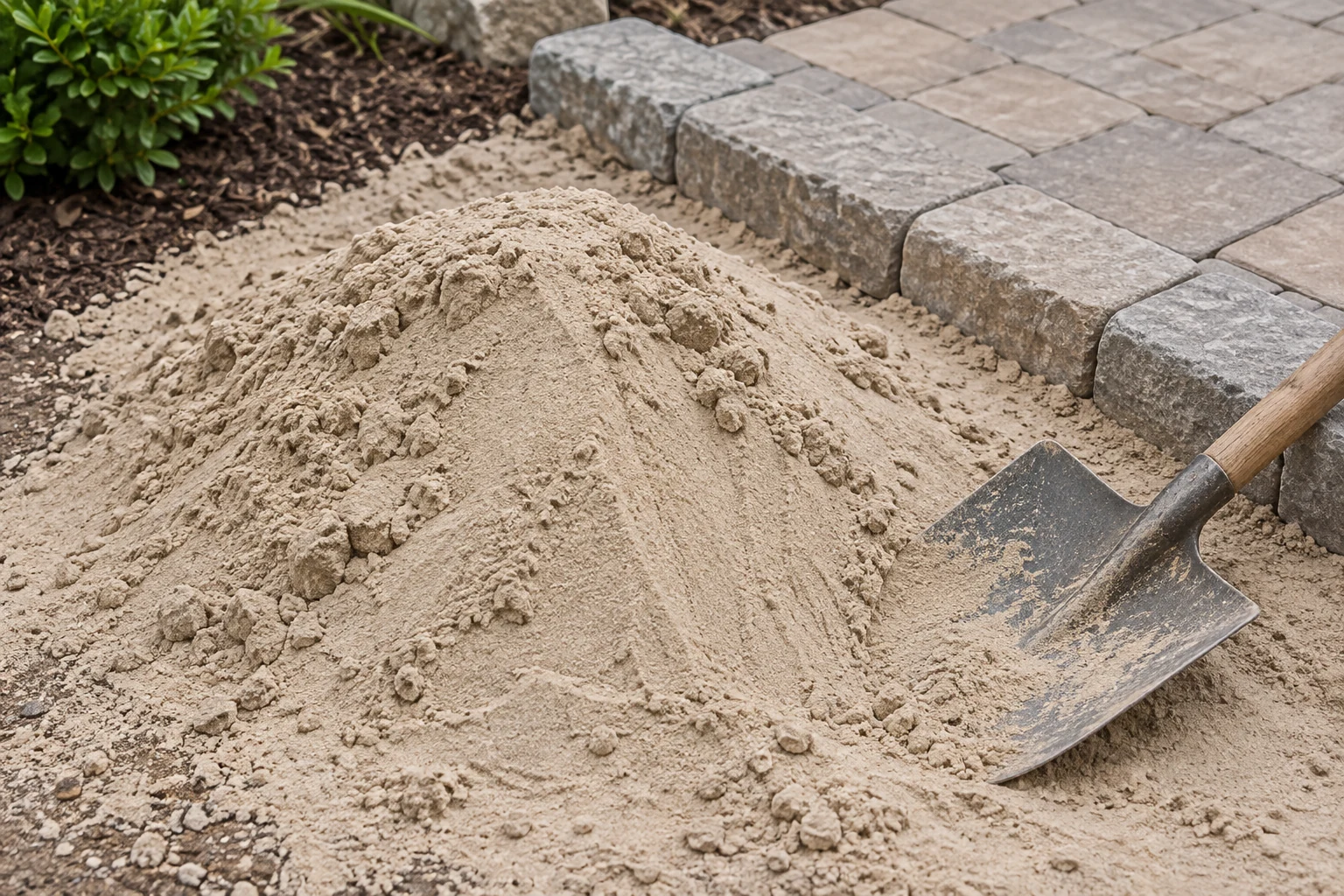 Alternate view of a mound of pale fine sand and a shovel beside a masonry work area