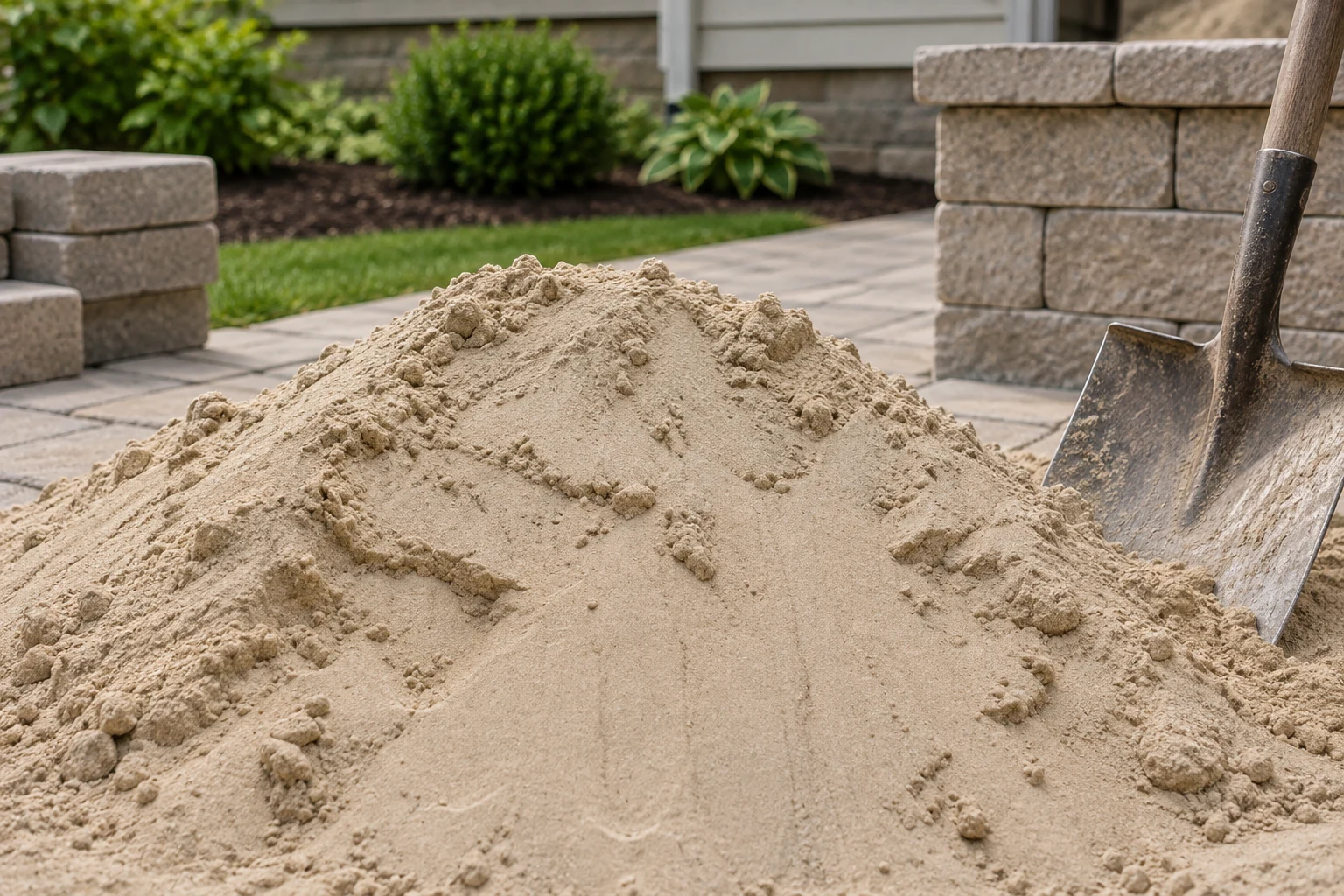 A mound of pale fine sand and a shovel beside a masonry work area