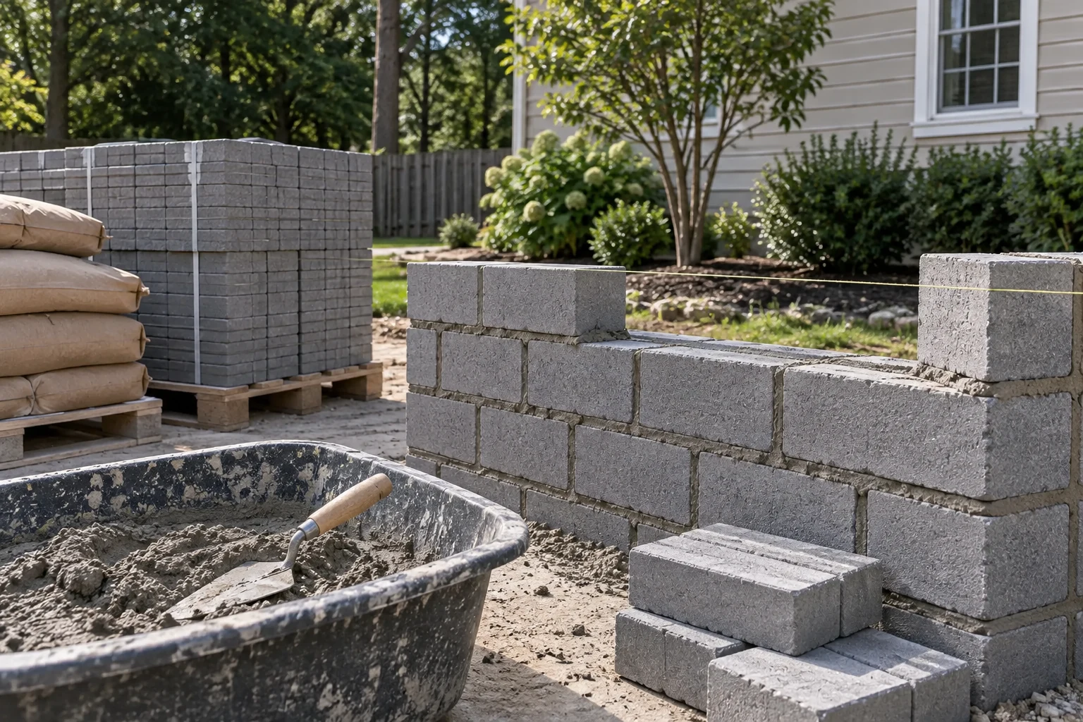 Mortar pan, trowel and unbranded masonry materials beside an unfinished wall
