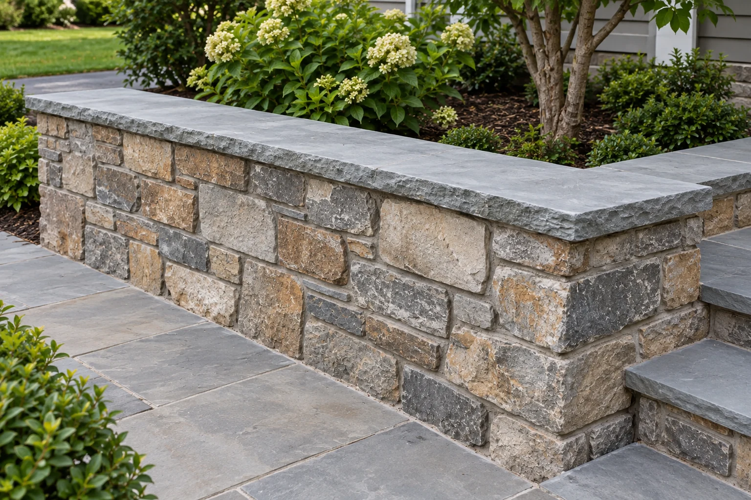 Alternate view of gray and buff natural stone wall with a flat gray cap