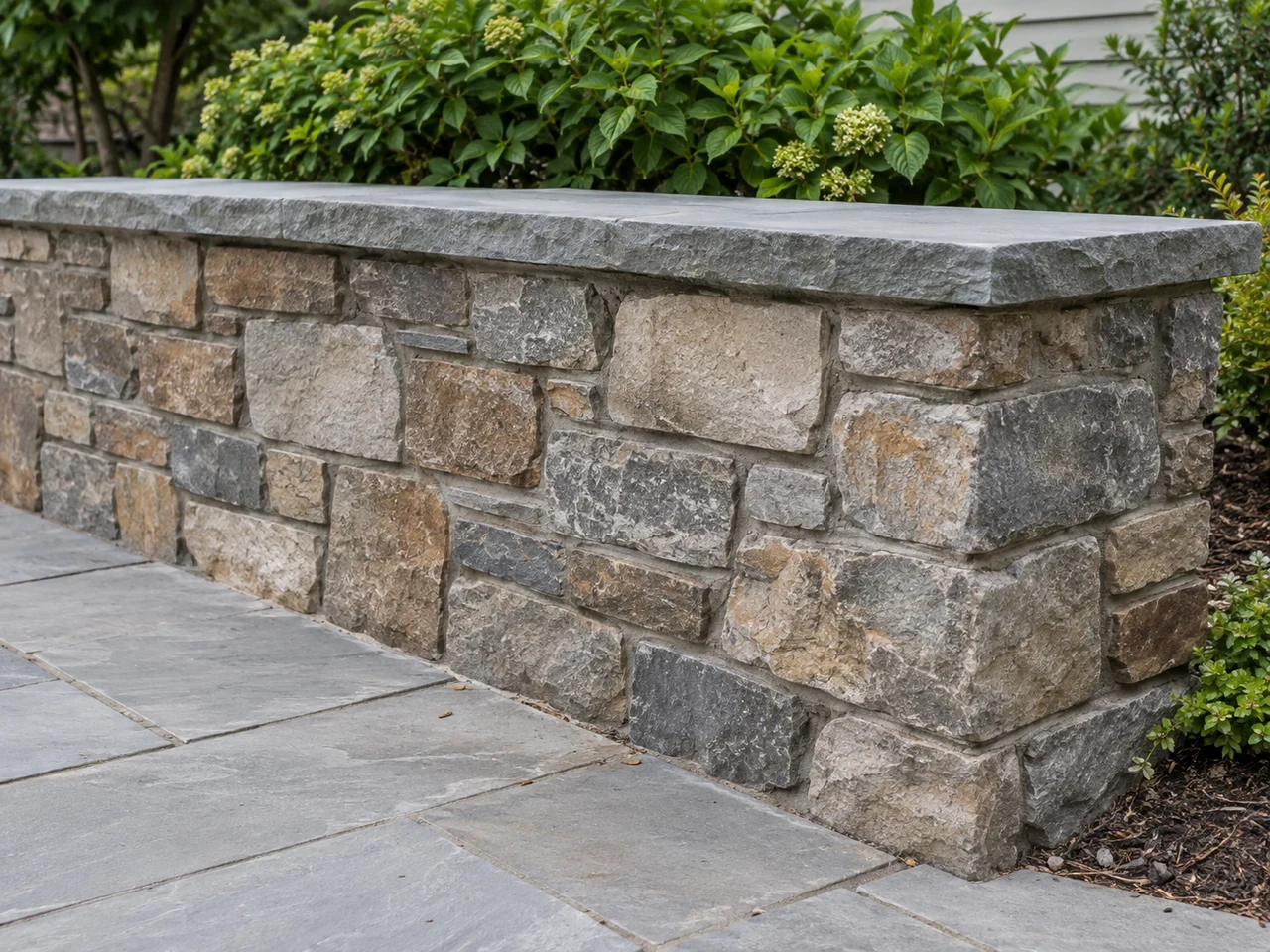 Gray and buff natural stone wall with a flat gray cap