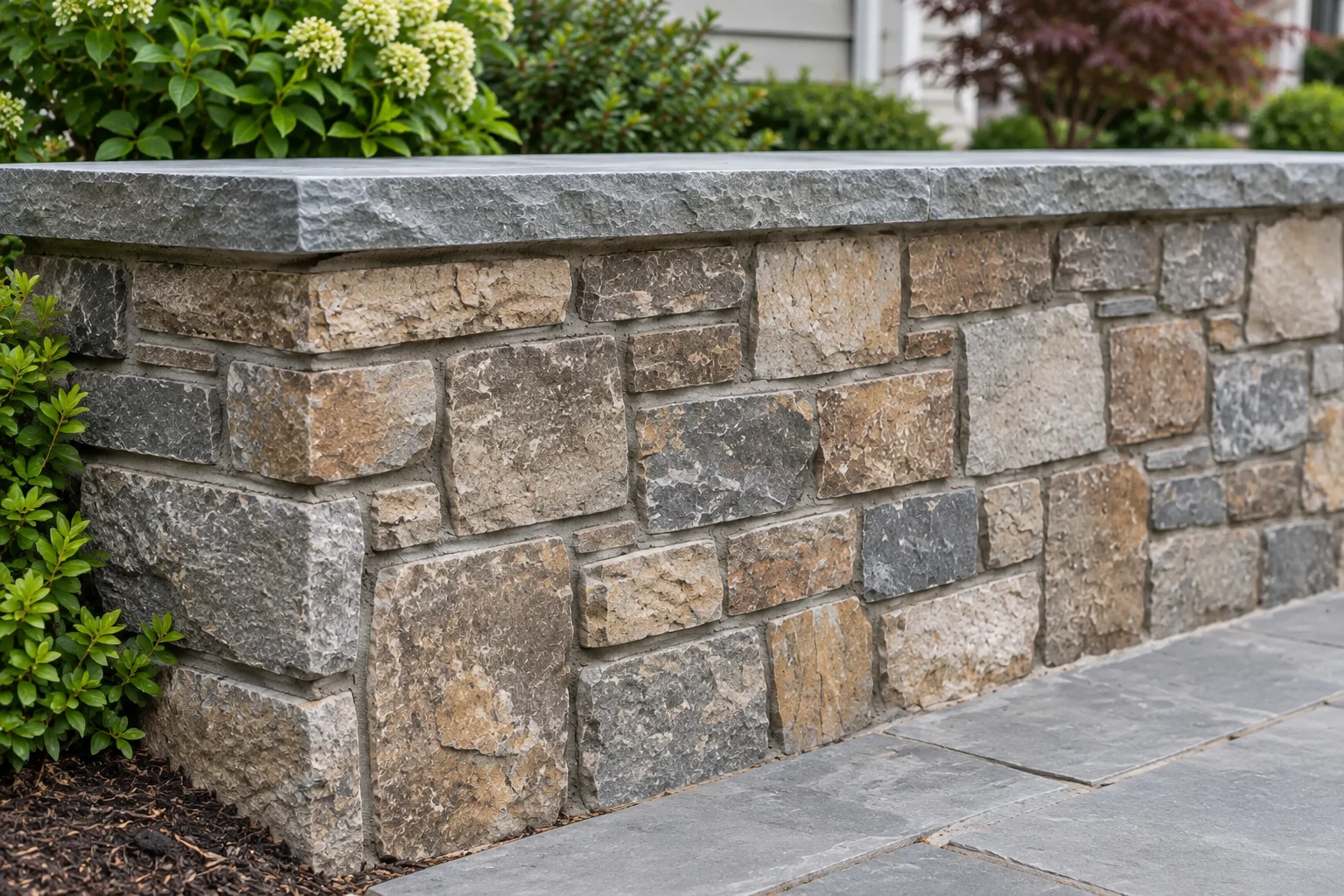 Close detail of gray and buff natural stone wall with a flat gray cap