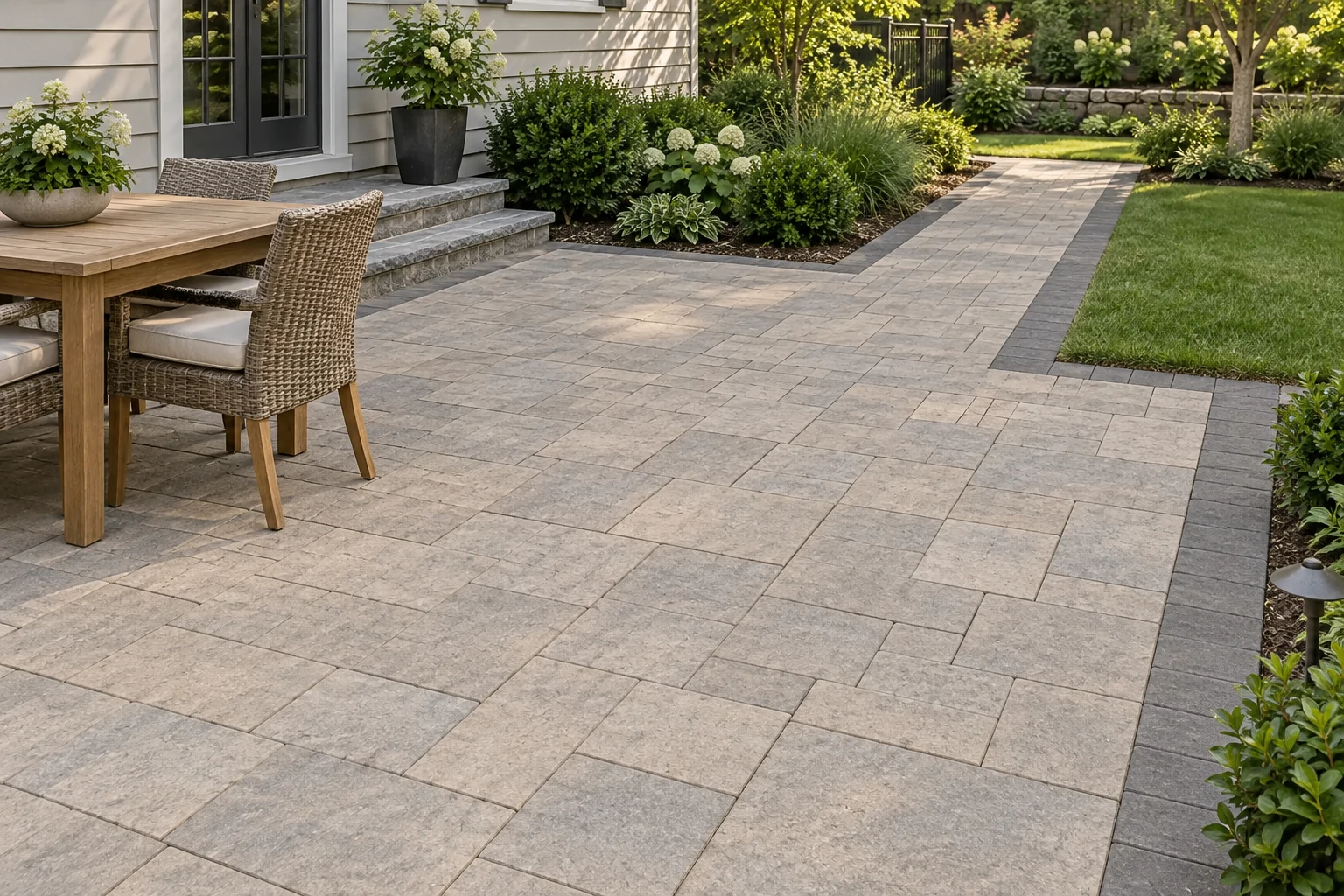 Alternate view of gray and taupe concrete paver patio beside a planted border and teak seating
