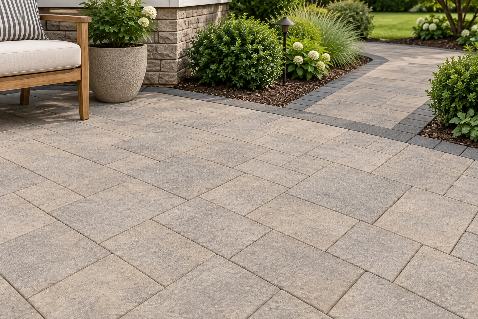 Close detail of gray and taupe concrete paver patio beside a planted border and teak seating