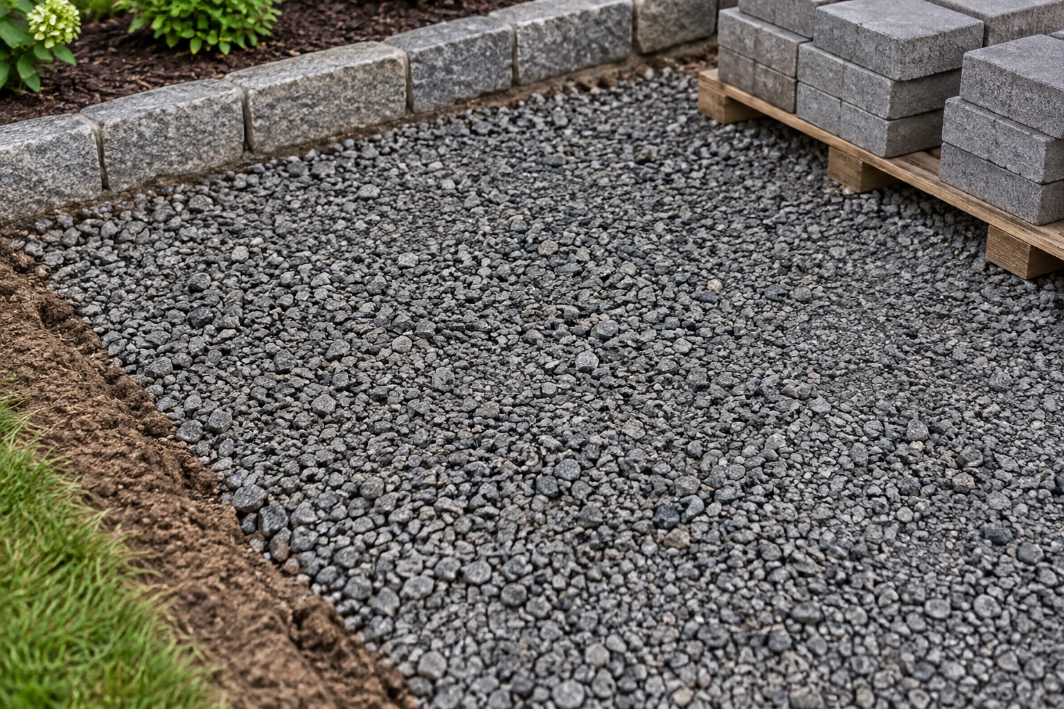 Alternate view of crushed gray aggregate staged beside stacked paving blocks