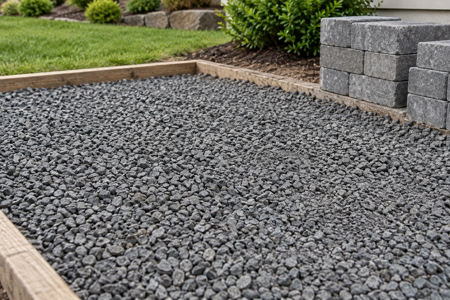 Crushed gray aggregate staged beside stacked paving blocks