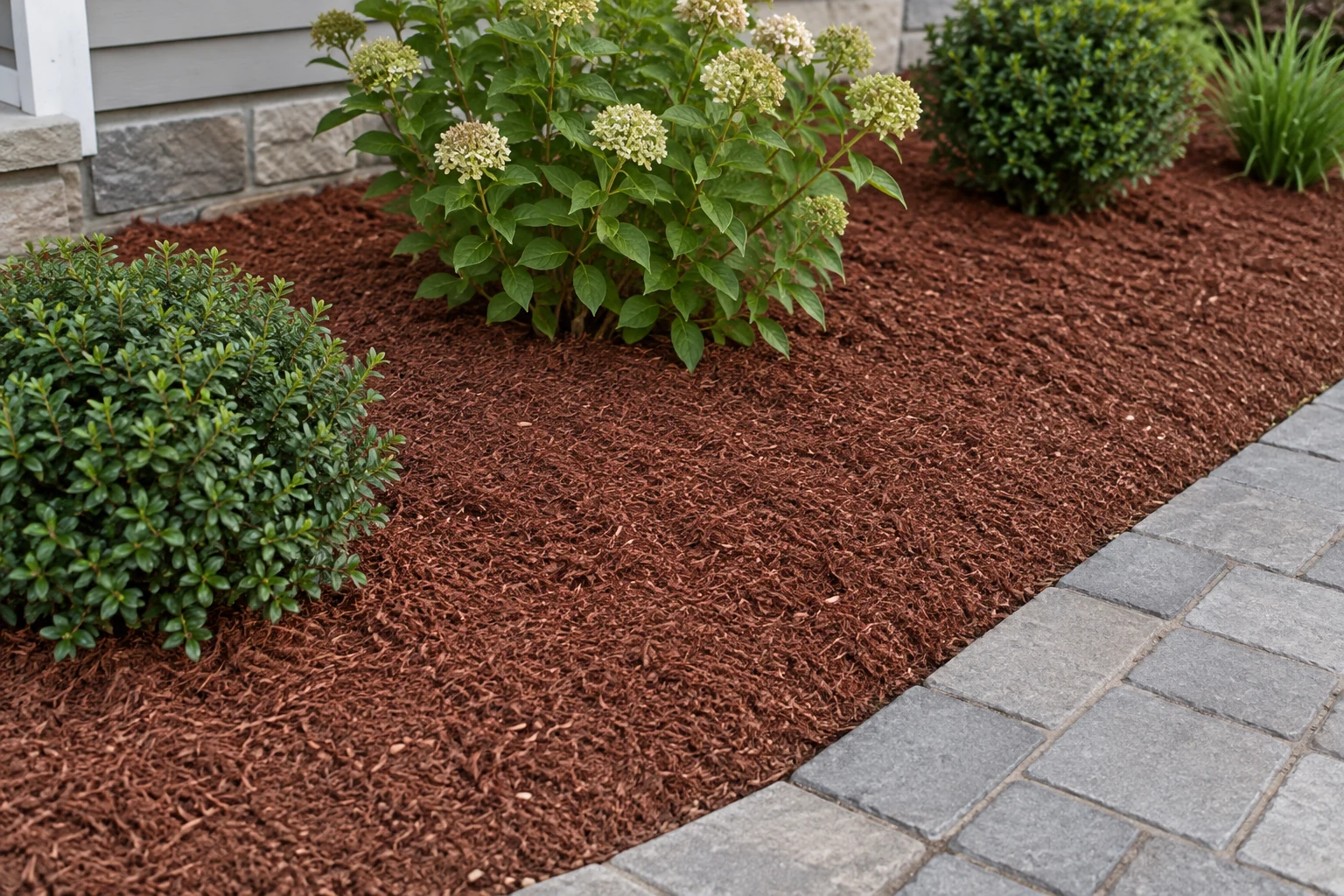 Alternate view of reddish-brown shredded mulch in a planted bed beside gray paving