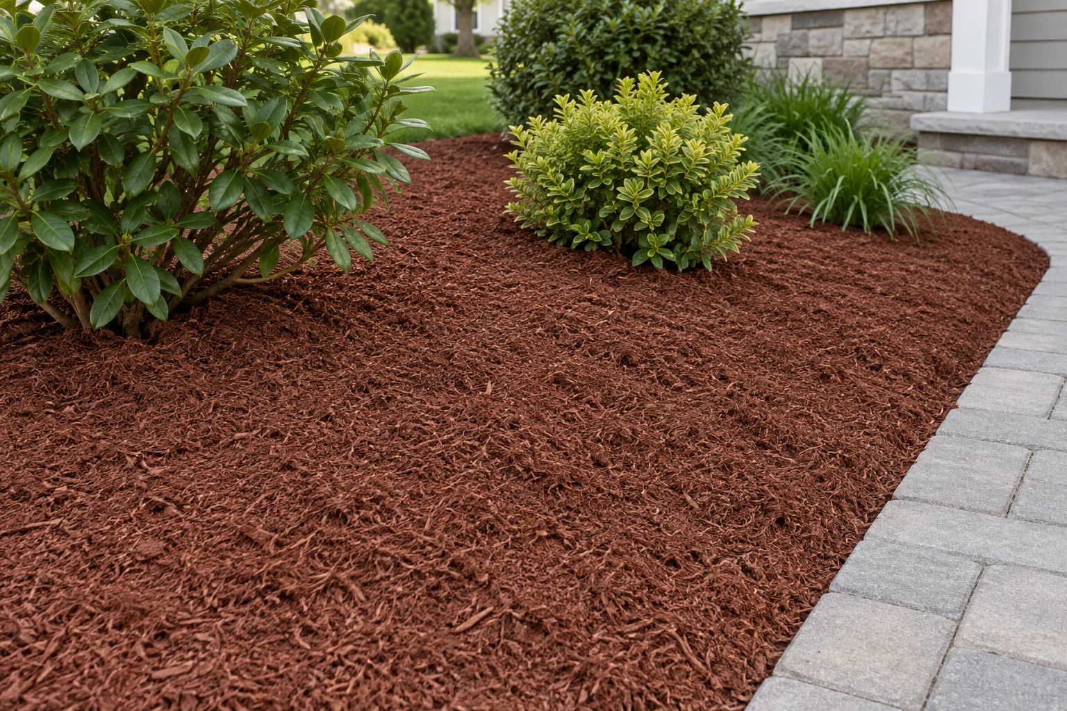 Reddish-brown shredded mulch in a planted bed beside gray paving