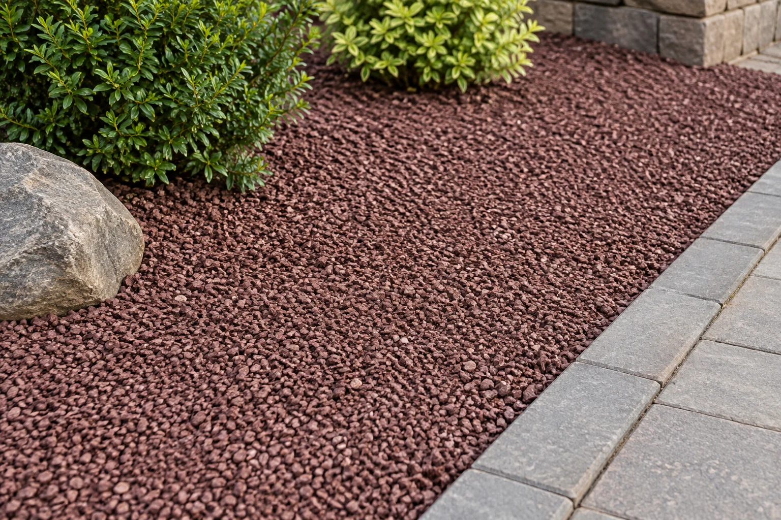 Alternate view of muted red angular gravel in a landscape border