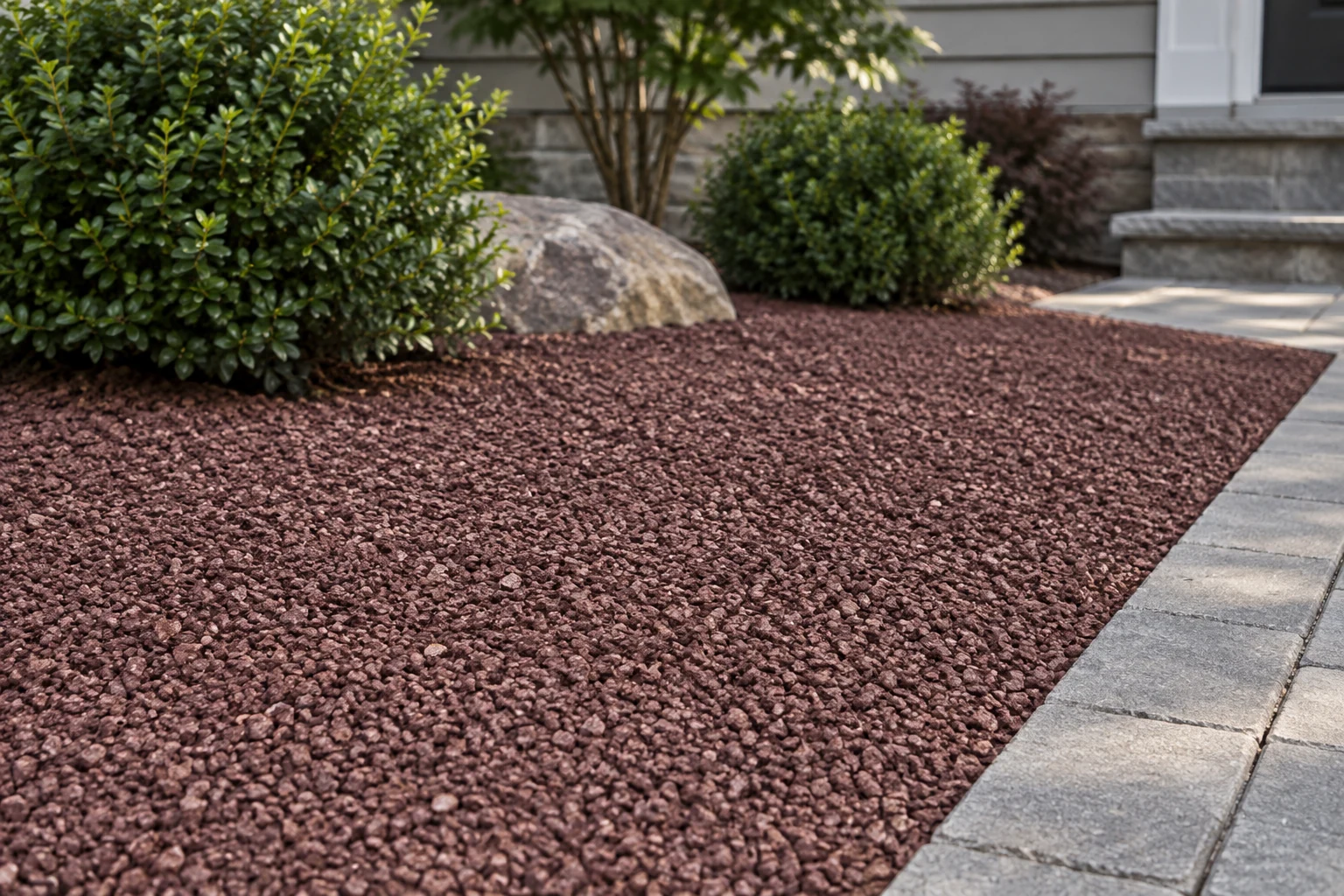 Muted red angular gravel in a landscape border