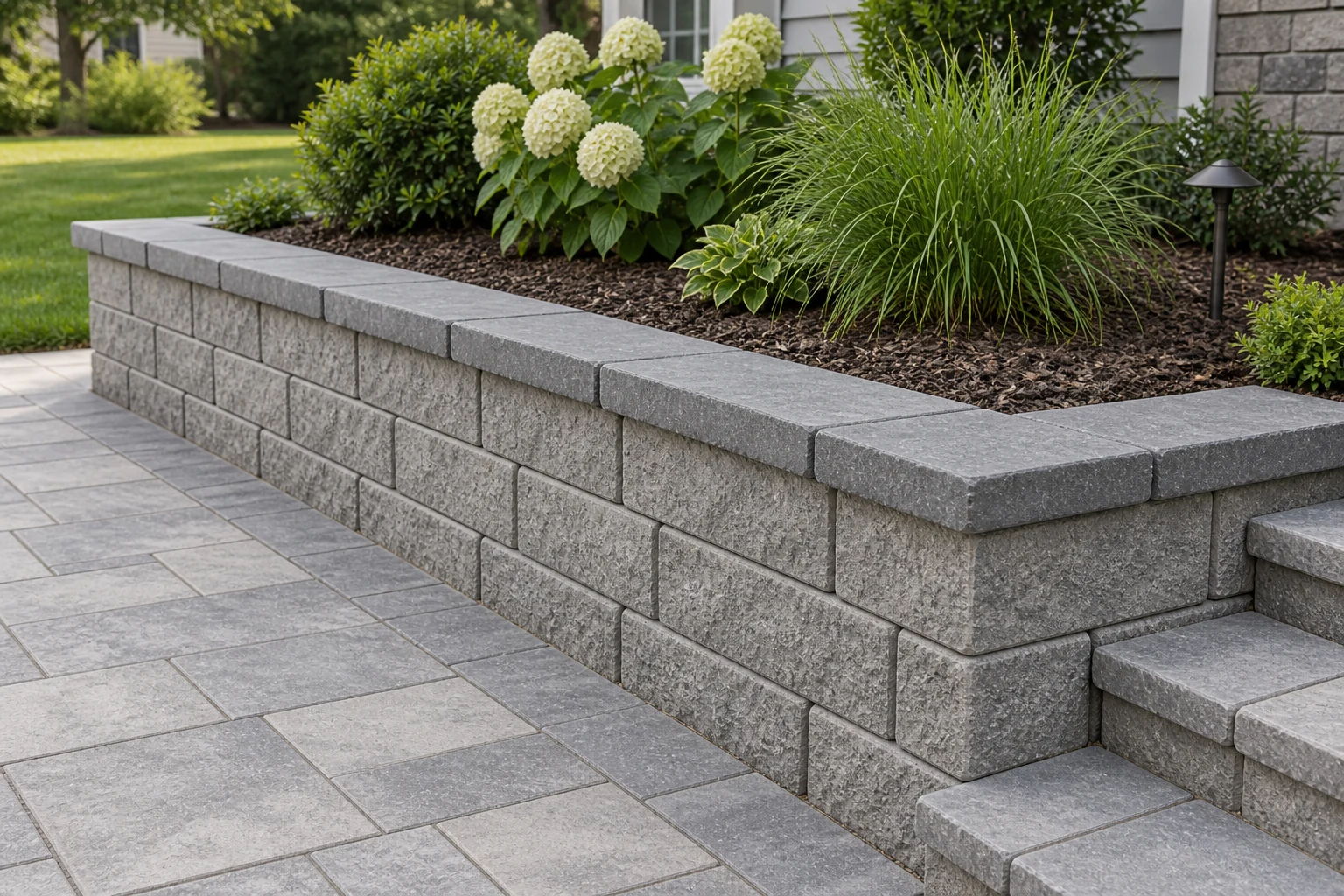 Alternate view of low gray split-face concrete retaining wall with flat caps and a planted bed