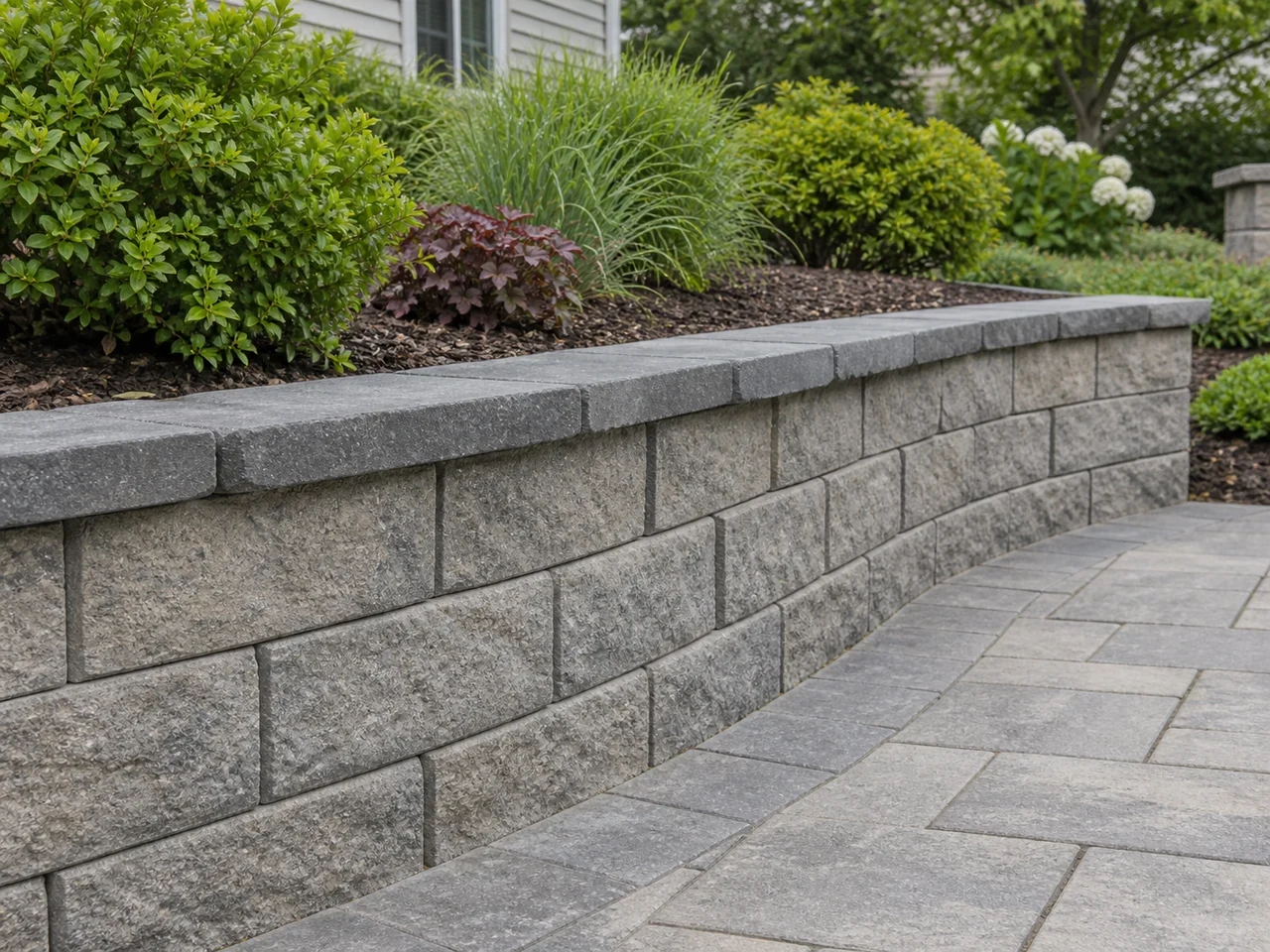 Low gray split-face concrete retaining wall with flat caps and a planted bed