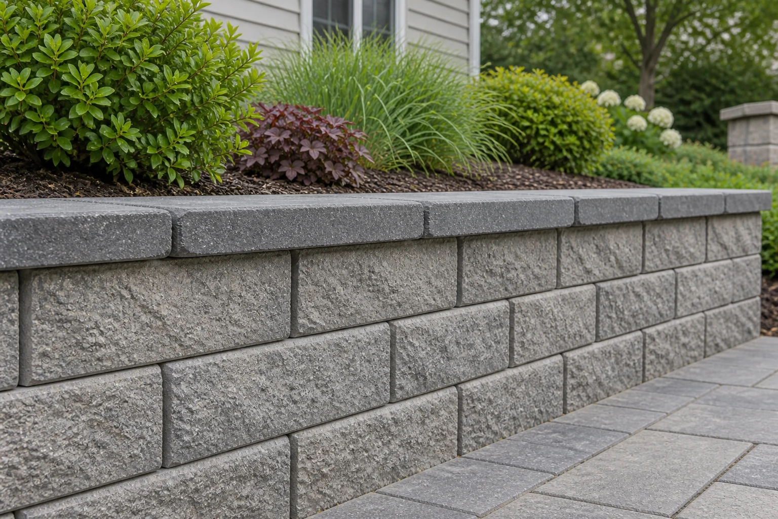 Close detail of low gray split-face concrete retaining wall with flat caps and a planted bed