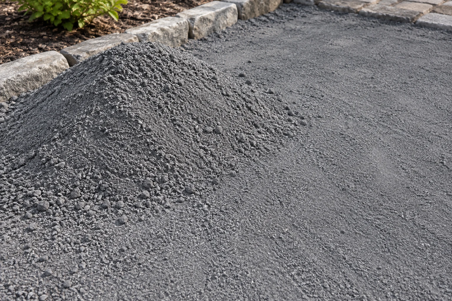 Alternate view of fine gray stone material in a mound beside a leveled work area