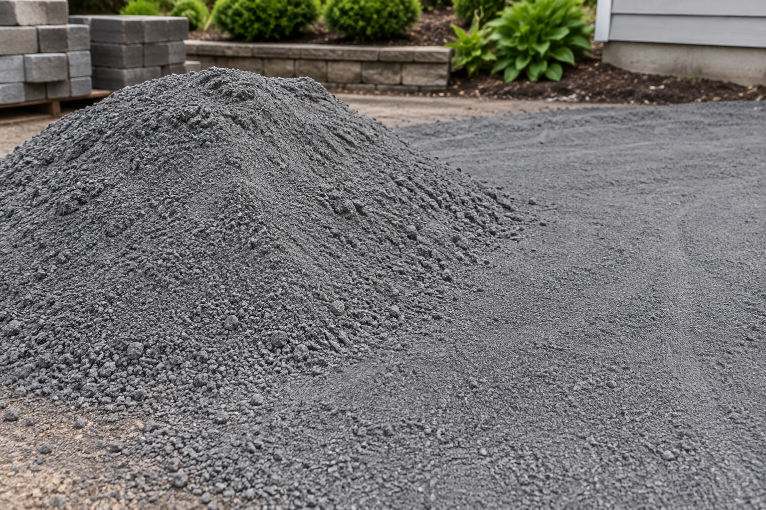 Fine gray stone material in a mound beside a leveled work area