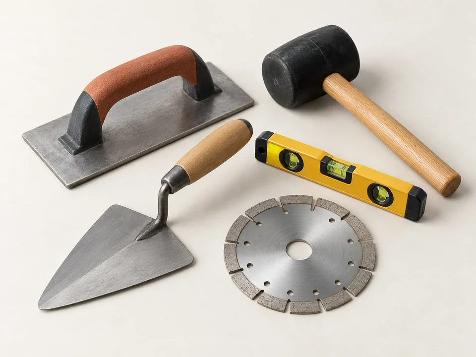 Alternate view of trowel, mallet, spirit level and gloves on an outdoor masonry workbench