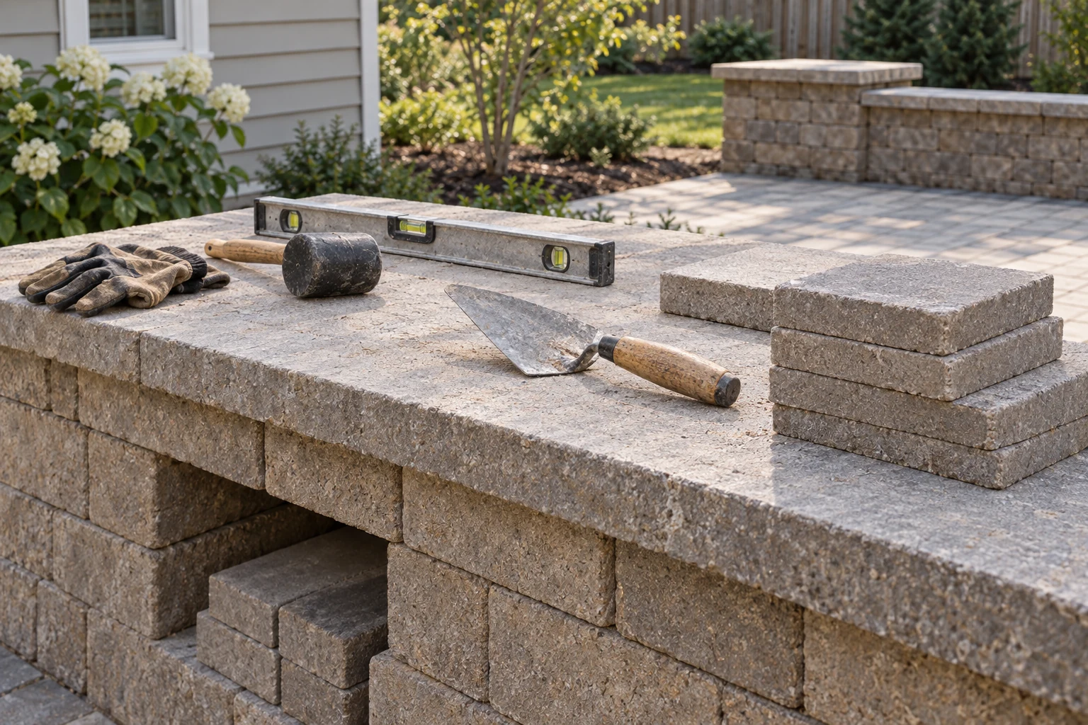 Trowel, mallet, spirit level and gloves on an outdoor masonry workbench